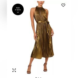 Adrianna Papell Metallic Pleated Tie-Waist Halter Dress